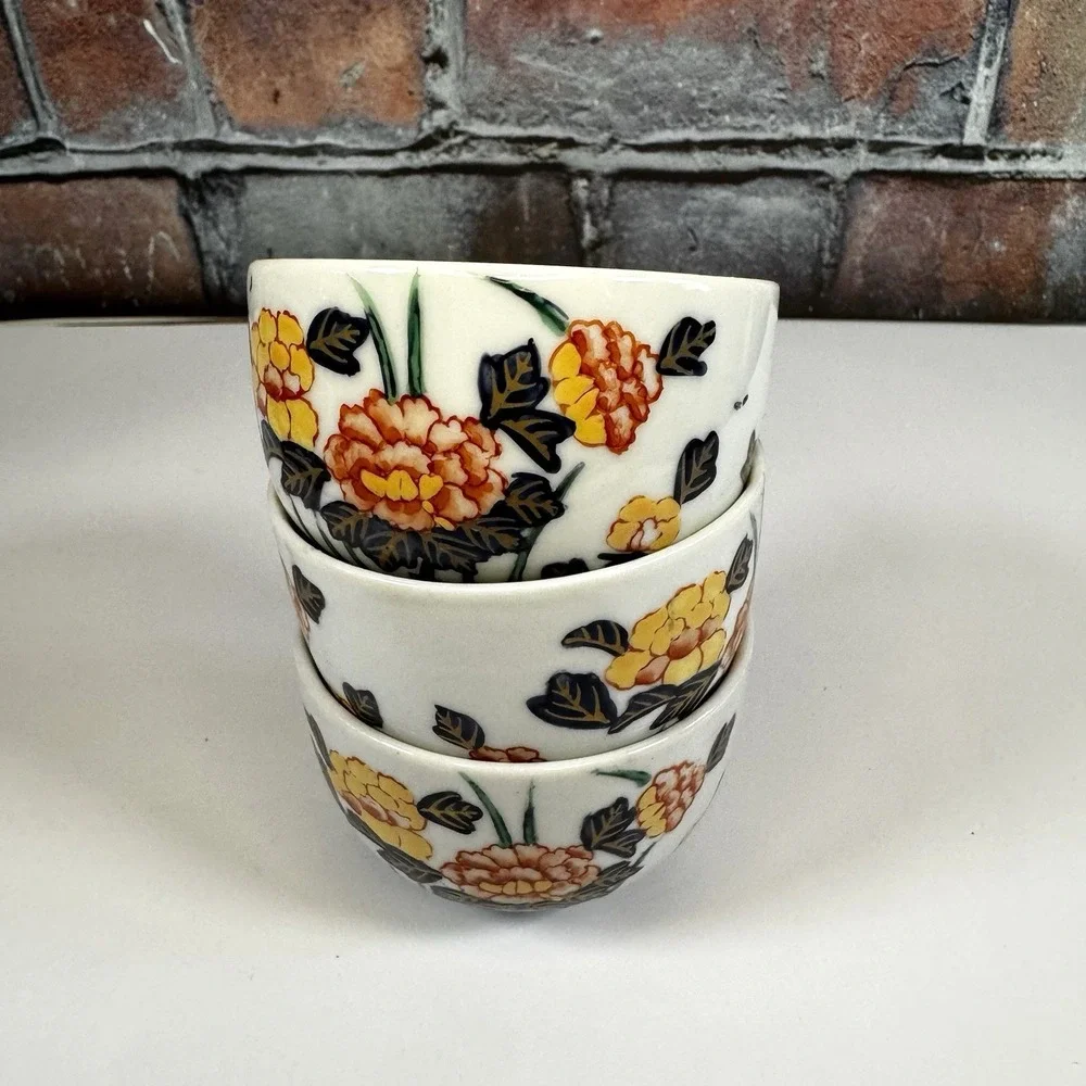 Japanese Tea Cups Sake Set of 3 Vintage Floral Orange Yellow‎ Gold Asian